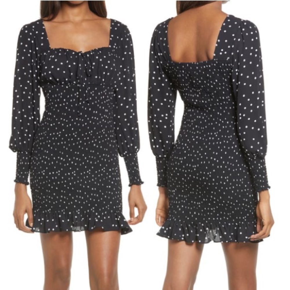 Row A Polka Dot Smocked Long Sleeve Mini Dress Size Medium